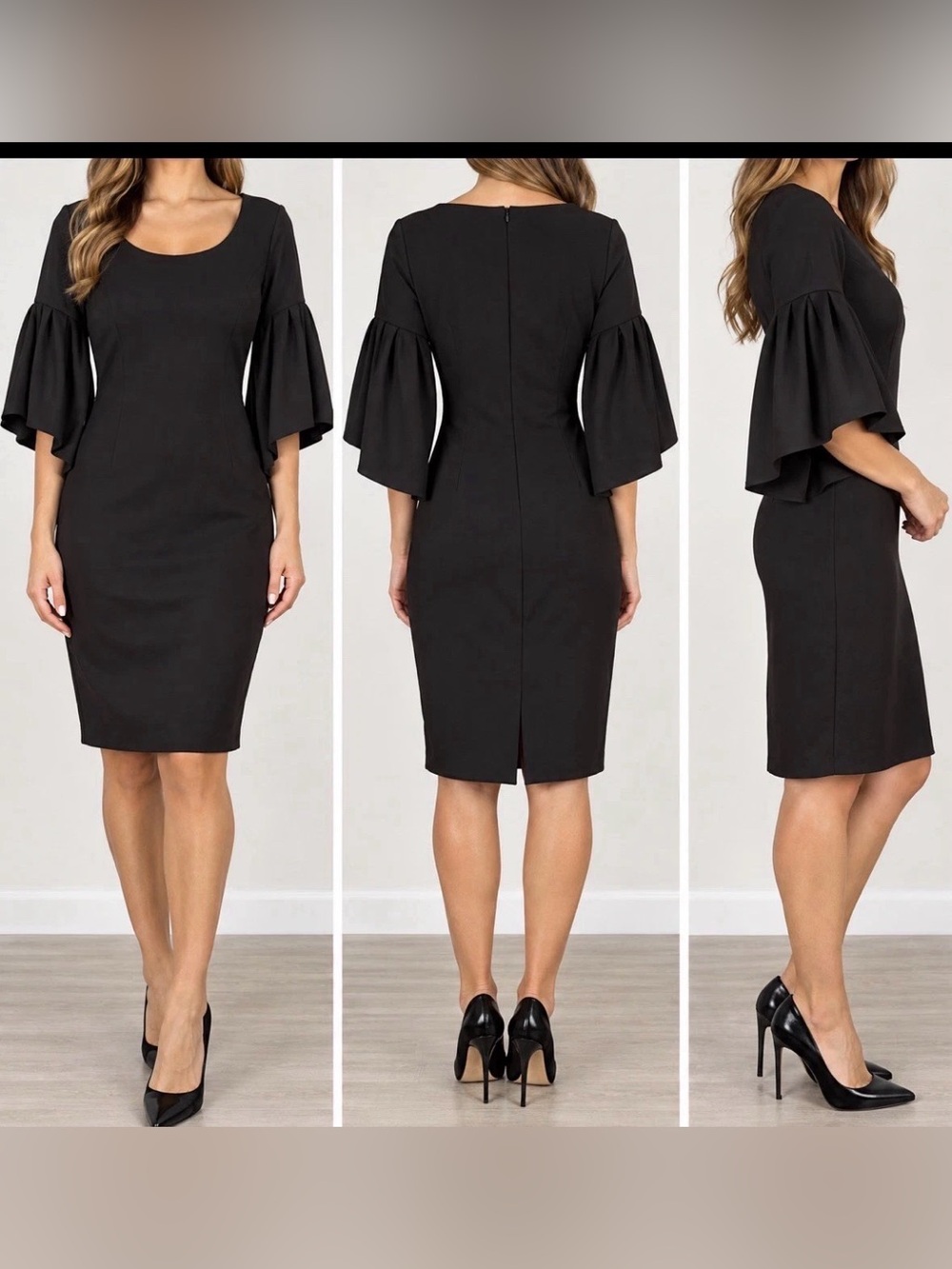 Belle Badgley Mischka Ashley Black Sheath Dress Bell Sleeve Size 4 .